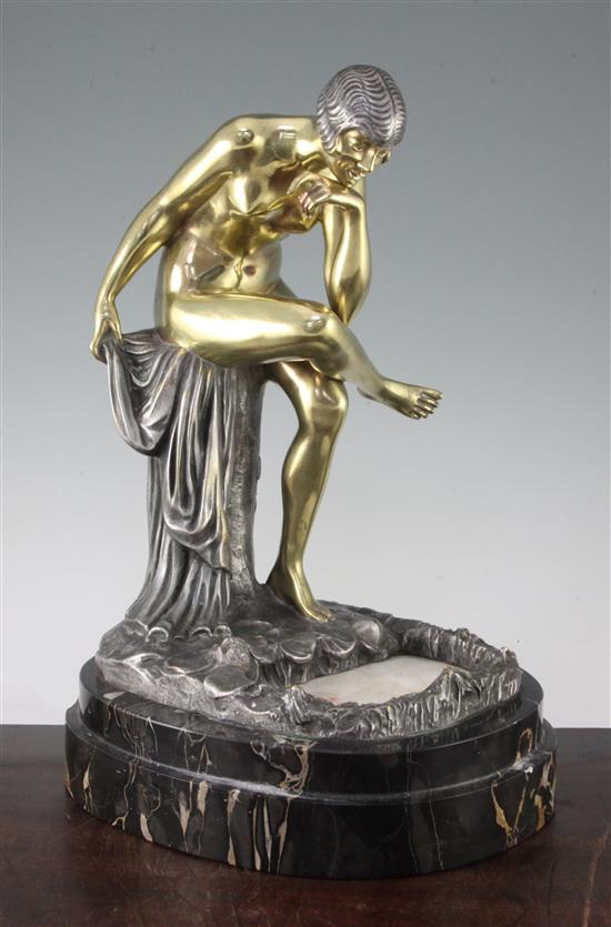 I. Gallo. A bronze and marble illuminated figure of a nude woman admiring her reflection in a pool, 17in.